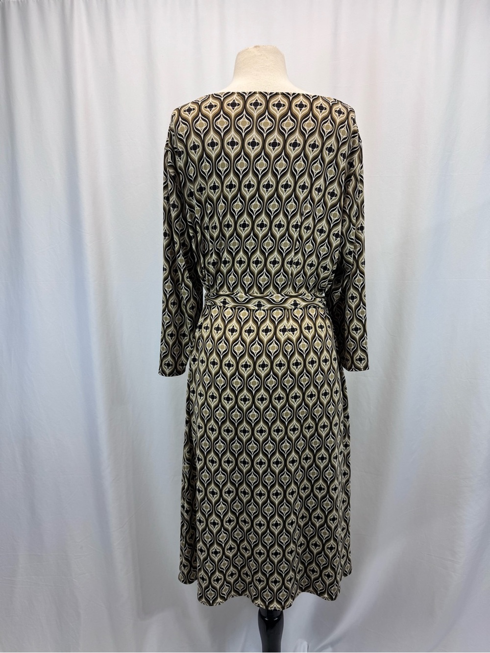 dressbarn Tan Black Printed Wrap Dress 14W Tie Boho Smart Casual Artsy Earthy - Picture 7 of 11